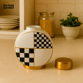 CHECKERED CERAMIC VASE CANDY JAR WITH GOLD ACCENTS | MODERN ROUND DECOR PIECE YC-098